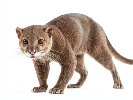 With a slender body and small head, the jaguarundi moves gracefully, embodying the elegance of this elusive feline in a striking white environment.の素材