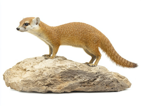 mongoose stands confidently on a rock, its slender body and pointed nose highlighting its keen sense of alertness and curiosity in a minimalist setting.の素材