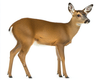 charming muntjac deer stands confidently, featuring small antlers and a sleek coat. Its short legs and alert posture highlight its natural elegance and unique characteristics.の素材