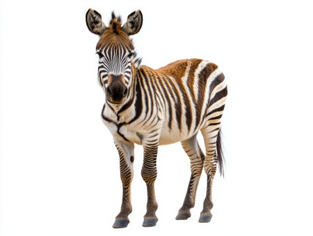 quagga displays its striking partially striped coat, standing tall and proud in solitude, showcasing its rare beauty and distinct features in a minimalistic setting.の素材