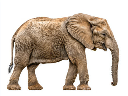 remarkable African elephant stands tall with its trunk raised, displaying its grandeur. This striking portrait highlights the gentle yet powerful nature of this magnificent creature.の素材