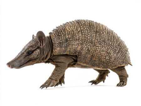 armadillo strolls with its unique armor prominently displayed, moving confidently over a clean, white surface, highlighting its natural beauty and resilience.の素材