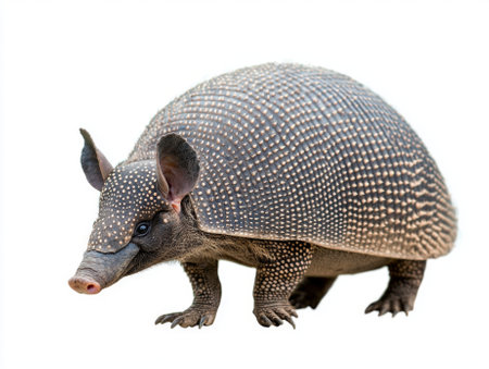 armadillo walks with purpose, its unique armored shell gleaming under the light, captured beautifully on a pure white background, emphasizing its distinct features and natural grace.の素材
