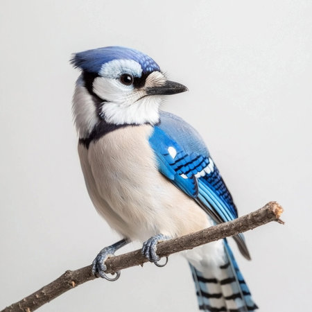 blue jay sits prominently on a branch, its striking blue and white plumage puffed up, creating a vivid contrast against a neutral background, highlighting its natural beauty.の素材