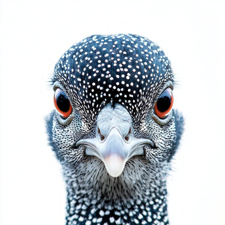 captivating close-up showcases a guineafowl with its distinctive spotted feathers and small head, set against a stark white background, highlighting its unique beauty and character.の素材