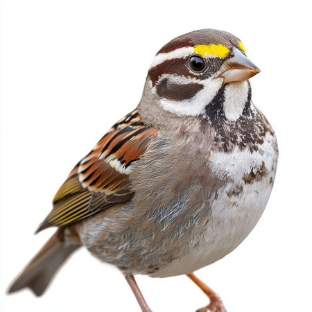 charming white-throated sparrow, with its eye-catching yellow forehead and beautiful striped plumage, perches calmly against a white background, exhibiting its stunning details.の素材