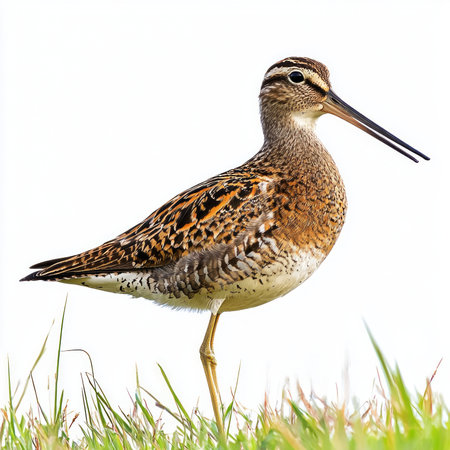 close-up captures a Wilsons snipe, highlighting its striking mottled plumage and long beak while it stands in lush green grass, radiating natural beauty and elegance.の素材