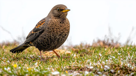 blackbird rests on the earthy ground, its iridescent black feathers gleaming in the light, highlighting the beauty of natureâs intricate designs and patterns.の素材