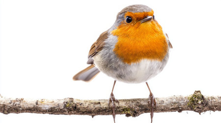 European robin stands proudly on a delicate branch, its bright orange chest contrasting beautifully with the minimalist white background, embodying the essence of woodland beauty.の素材