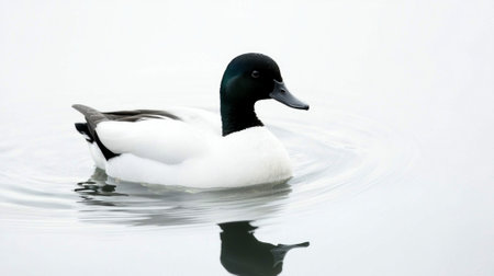 lesser scaup floats effortlessly on the calm water, showcasing its distinctive black head and pristine white body against a minimalist white background, embodying tranquil beauty.の素材