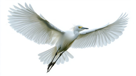 little egret soars elegantly, wings outstretched, displaying its striking white plumage. This solitary flight highlights the birds beauty and grace in motion.の素材
