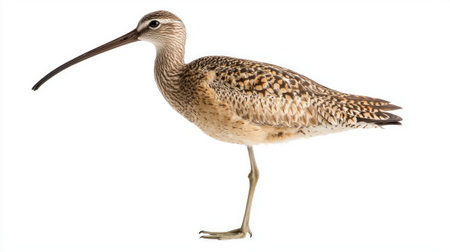 long-billed curlew elegantly stands in shallow water, highlighting its distinct, curved beak and stunning plumage, set against a clean, white backdrop.の素材