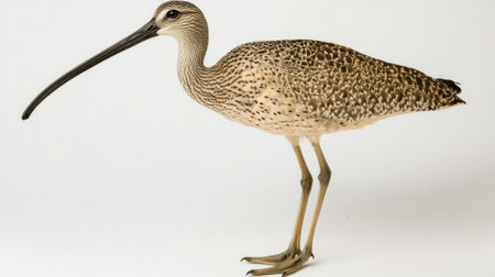 long-billed curlew wades through shallow water, its long, curved beak poised elegantly. The birds speckled feathers contrast beautifully with the white backdrop.の素材