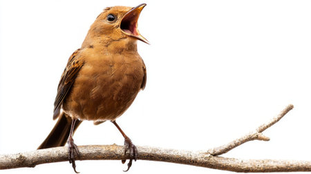 nightingale with an open beak sings melodiously while perched on a slender branch, showcasing its vibrant personality in a simple yet captivating setting.の素材