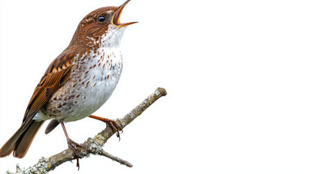 nightingale, with its beak wide open, fills the air with enchanting melodies while sitting gracefully on a branch, surrounded by a pure white backdrop.の素材