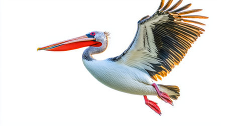 pelican glides elegantly, showcasing its impressive wingspan and distinctive long beak, embodying the essence of freedom in the clear sky.の素材