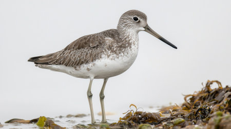 Standing alone on the shore, a willet exhibits its elegant gray plumage and long beak, perfectly merging with the coastal landscape. This moment captures natureâs tranquility.の素材