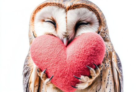 barn owl stands with its wings tucked, showcasing its distinctive heart-shaped face with an enchanting expression, creating a serene and captivating presence.の素材