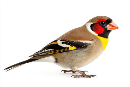 exquisite bird captures attention with its bright red face and the striking contrast of black-and-yellow wings, perched delicately in isolation. Its elegance epitomizes natural beauty.の素材