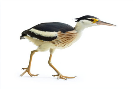 solitary little bittern stands gracefully in shallow water, its distinctive long beak and compact body highlighted by the stark white backdrop. This moment captures its beauty and poise.の素材