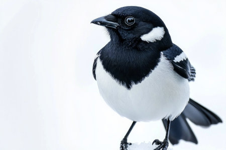 magpie robin stands proudly on a smooth surface, displaying its beautiful black and white plumage, creating a captivating contrast with the white background.の素材