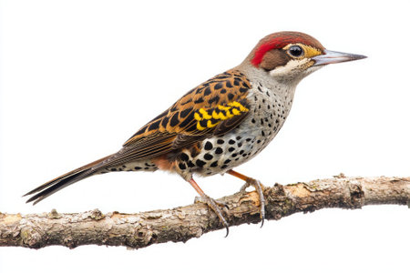 northern flicker stands gracefully on a branch, displaying its intricate brown and black-spotted feathers, vividly contrasting with a clear white background, symbolizing natures beauty.の素材