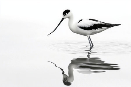 striking pied avocet stands poised in tranquil shallow water, its elegant silhouette reflected perfectly. The birds black and white plumage contrasts beautifully with its surroundings.の素材