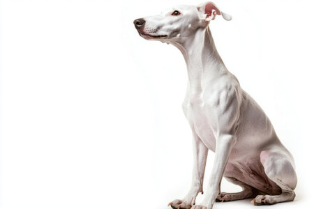 A whippet displays its sleek body and calm expression while seated against a minimalist white background, showcasing its graceful stance and gentle nature.の素材