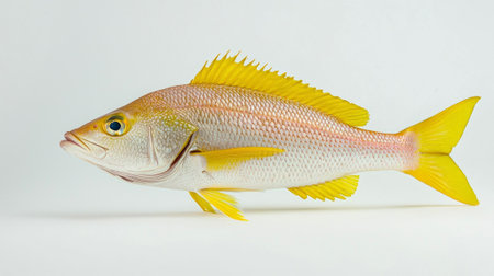 Yellowtail Snapper exhibits its distinctive yellow fins and striking colors against a plain white background highlighting its anatomical features and beauty.の素材