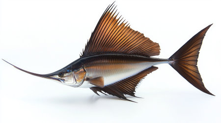 stunning Sailfish known for its impressive dorsal fin and elongated bill displays vibrant colors and intricate details set against a clean white background.の素材