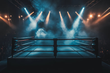 boxing ring with swirling smoke and spotlights casts a dramatic ambiance building anticipation as the crowd awaits the action to begin.の写真素材