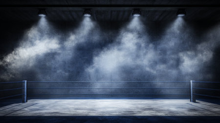 boxing ring slightly worn and surrounded by a cloud of smoke exudes an intense atmosphere as spotlights create dramatic shadows heightening the anticipation of the upcoming fight.の写真素材