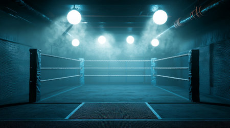 boxing ring features worn ropes and a moody ambiance accentuated by shadows and soft lighting...