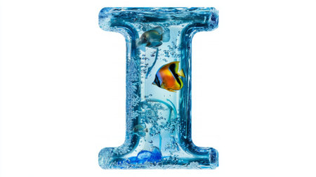 artistic glass letter I brimming with water creates a captivating aquarium environment showcasing colorful fish and shimmering bubbles. The clear design emphasizes the beauty of aquatic life.の素材