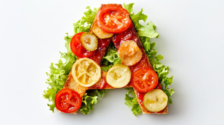 beautifully arranged letter A made from hamburger ingredients showcases fresh lettuce sliced tomatoes and condiments creating an appetizing representation of the alphabet.の素材