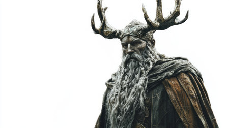 artwork portrays Forseti the Scandinavian god renowned for justice and reconciliation standing majestically with antlers and an intricate robe isolated against a bright backdrop.の素材