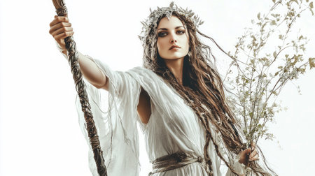 Slavic goddess Mara stands tall embodying natures spirit with flowing hair and a delicate gown. She carries a staff and branches symbolizing her deep connection to the earth.の素材