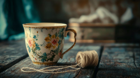 vintage cup adorned with floral patterns and held together threads sits on a weathered table evoking the deep themes of forgiveness and healing in relationships.の素材