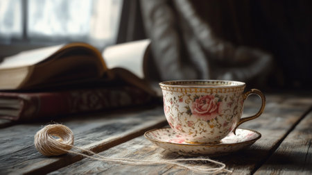vintage cup beautifully fastened with threads sits atop a weathered wooden table symbolizing the fragility of relationships and the power of forgiveness.の素材