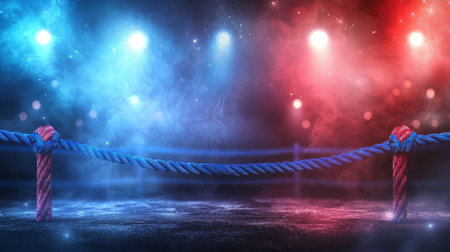atmosphere is electric as three vibrant ring ropes anchor the illuminated boxing ring surrounded by colorful lighting effects. Excitement fills the air during a thrilling contest.の素材