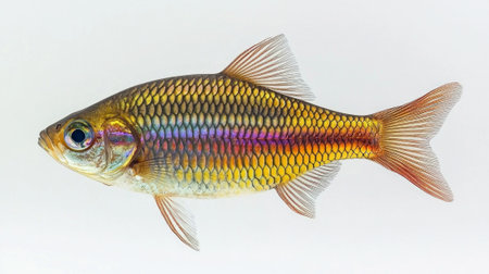 stunning Boesemani Rainbowfish showcases its vibrant colors and unique patterns illuminated beautifully against a clean white background highlighting its natural beauty.の素材