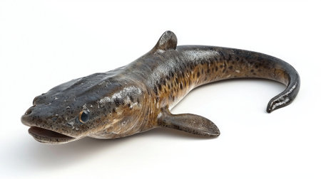 Lungfish Dipnoi a fascinating species is presented against a pristine white background highlighting its distinct anatomy and remarkable adaptations.の素材