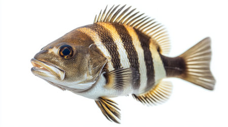 Sheepshead fish known scientifically as Archosargus probatocephalus is captured in sharp detail showcasing its distinctive stripes and robust features against a white backdrop.の素材