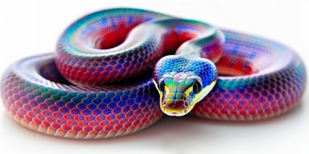 Brazilian Rainbow Boa rests in coiled position revealing its stunning iridescent scales under soft shadows on a clean white background highlighting vivid colors beautifully.の素材