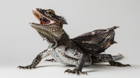 Common Basilisk lizard displays its unique running posture with its mouth open against a white background. This high speed capture highlights its remarkable agility and distinctive features.の素材