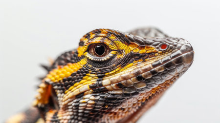 striking Common Basilisk lizard known for its agility stands ready to sprint on a smooth white backdrop emphasizing its vivid colors and intricate patterns.の素材