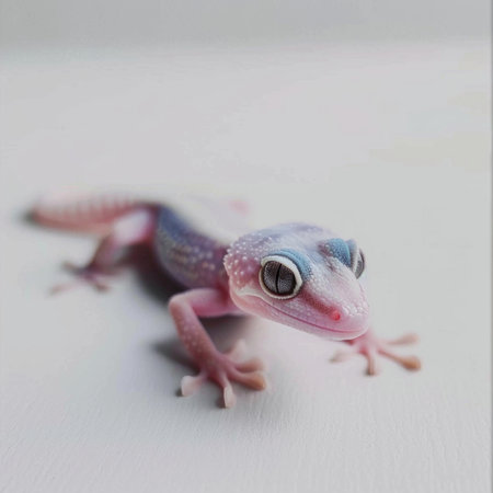 small Common House Gecko clings smooth white surface displaying its translucent skin and fine details under soft lighting revealing its unique features in intricate clarity.の素材