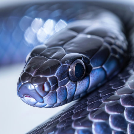 Eastern Indigo Snake displays its glossy black scales while being stretched out against a bright white background showcasing its unique features and beauty.の素材
