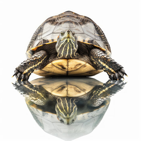 European Pond Turtle poses prominently with its glossy dark shell against a soft white background highlighting its distinct characteristics and serene demeanor.の素材