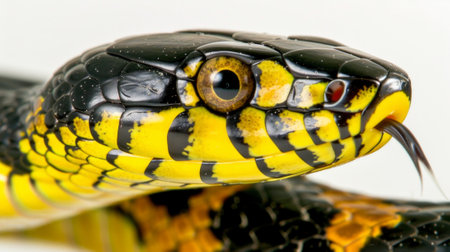 False Coral Snake showcases its striking colors while slithering against a clean white backdrop highlighting its unique mimicry and texture in vivid detail.の素材
